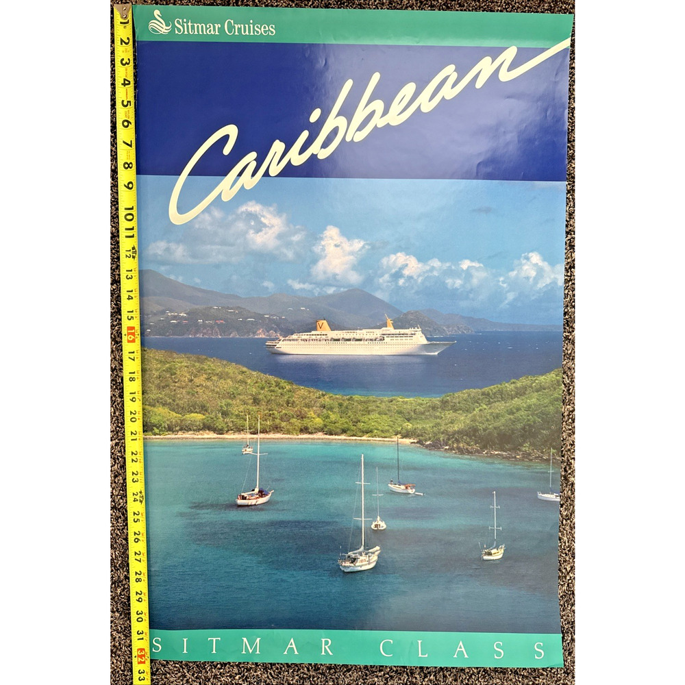Vintage Sitmar Cruise Caribbean Ocean Beach Poster 32" x 21" Excellent Condition